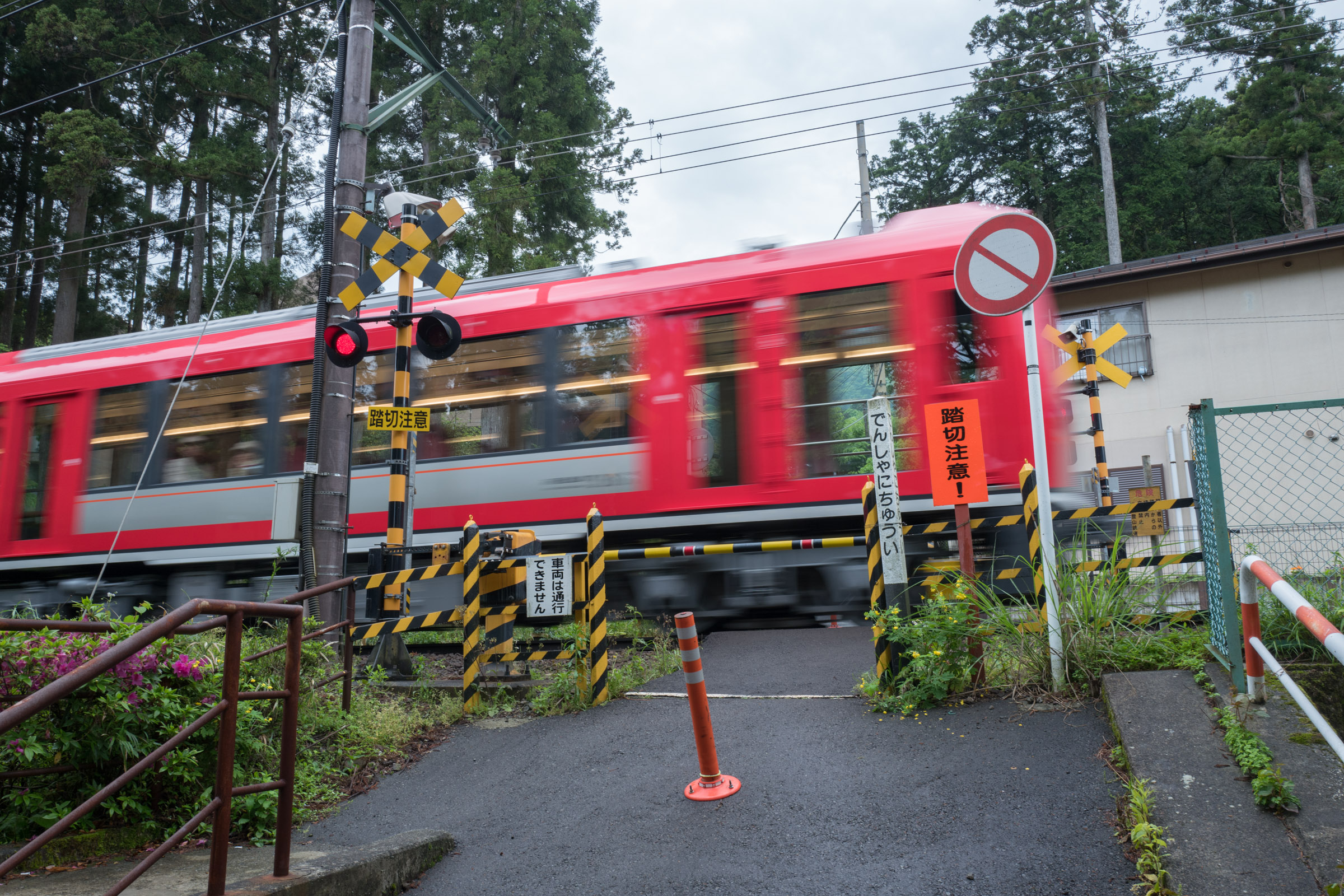 A train passing by the tracks in Hakone